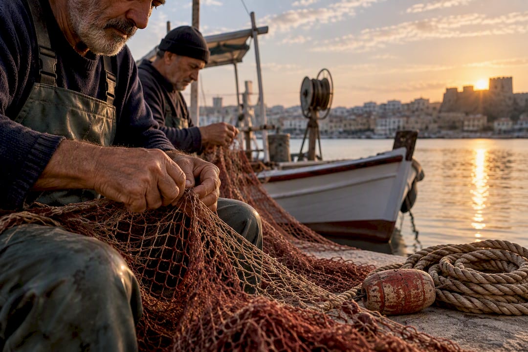 Fishing net work at El Mina harbor